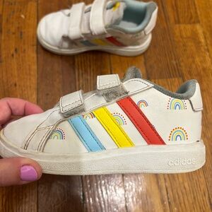 Adidas Kids' White Sneakers with Colorful Stripes. Unisex size 9T